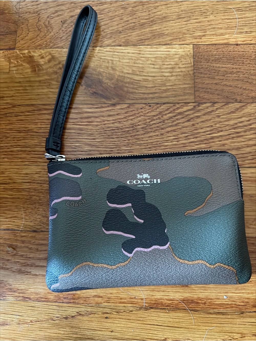 Coach Olive Camo Wristlet with Pink and Black Accents